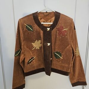 Vintage Suede Leather Short Blazer Jacket Maple Leaf Fall Autumn Embroidered